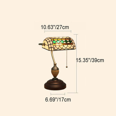 Vintage Tiffany Diamond Line Stained Glass 1-Light Bank Table Lamp