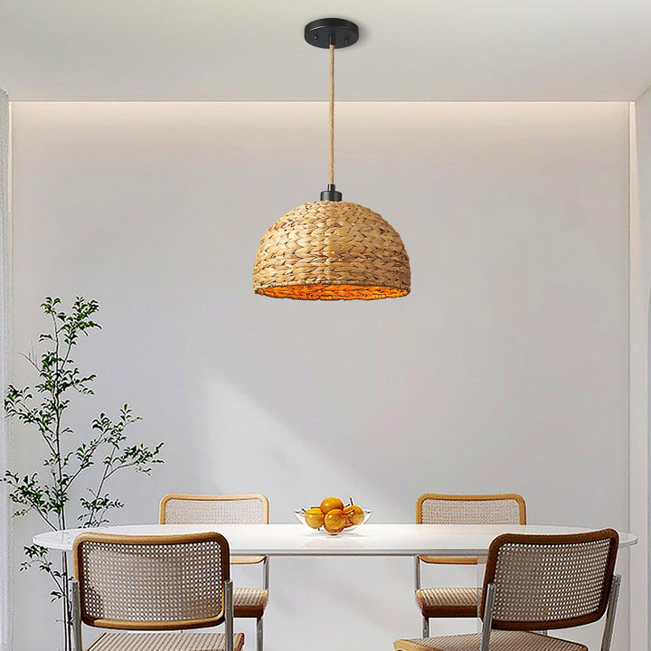 Traditional Japanese Half Round Rattan 1-Light Pendant Light For Living Room