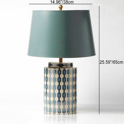 European Rustic Blue Plaid Ceramic Cylinder Base 1-Light Table Lamp