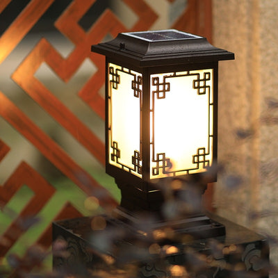 Solar Chinese Window Square Post Head 1-Light Waterproof Garden Landscape Light