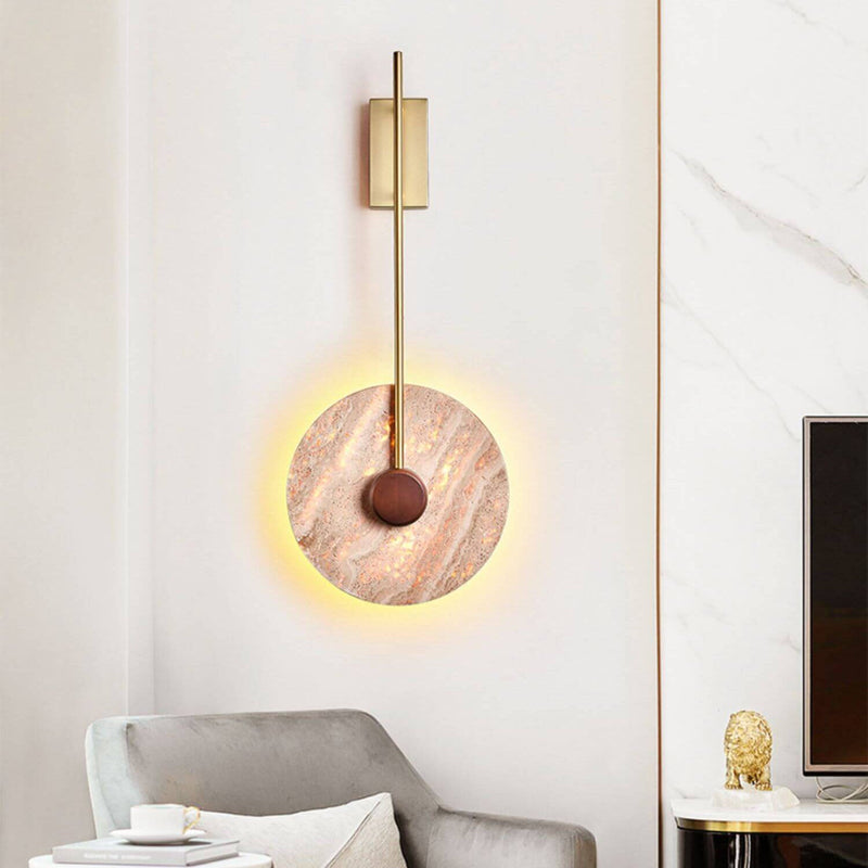 Skandinavische moderne minimalistische runde Eisen-Gelbe Travertin-LED-Wandleuchte 