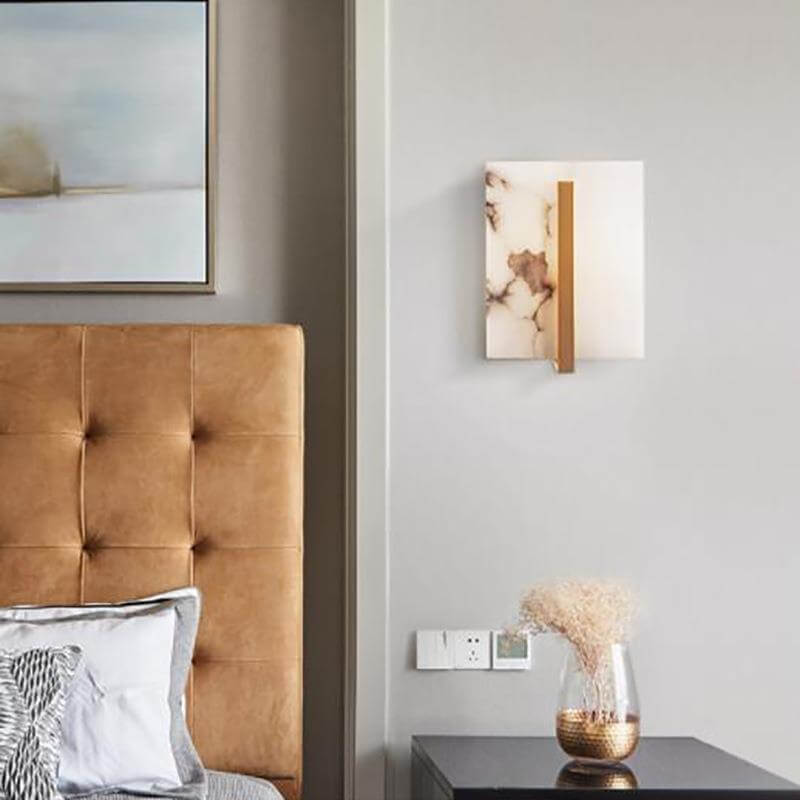 Traditional Chinese Marble Copper Square 1-Light Wall Sconce Lamp For Bedroom