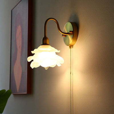 Japanese Minimalist Floral Frosted Glass 1-Light Pull Cord Wall Sconce Lamp