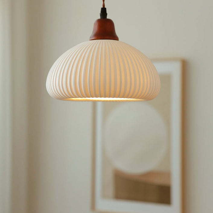 Japanese Vintage Pleated Ceramic Round Dome Wood 1-Light Pendant Light