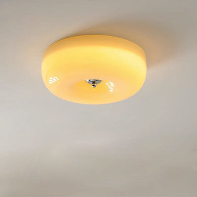 Contemporary Nordic Creamy Yellow Pudding Glass Shade Iron LED Flush Mount Ceiling Light For Living Room