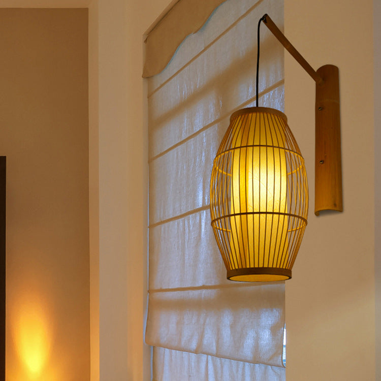 Japanese Creative Bamboo Weaving Oval Lantern 1- Light Wall Sconce Lamp