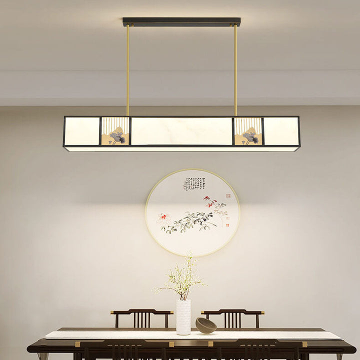 Traditional Chinese Copper Carved Decorative Acrylic Rectangular Shade LED Island Light Pendant Light For Living Room