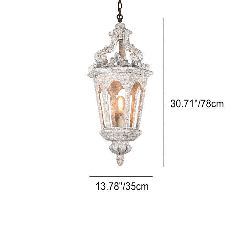 Traditional Vintage Solid Wood Resin Iron Carved Hexagonal Cage 1-Light Pendant Light For Living Room &amp; Bedroom