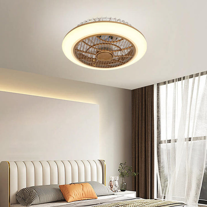 Modern Minimalist Round Cage Iron Acrylic LED Flush Mount Ceiling Fan Light For Living Room