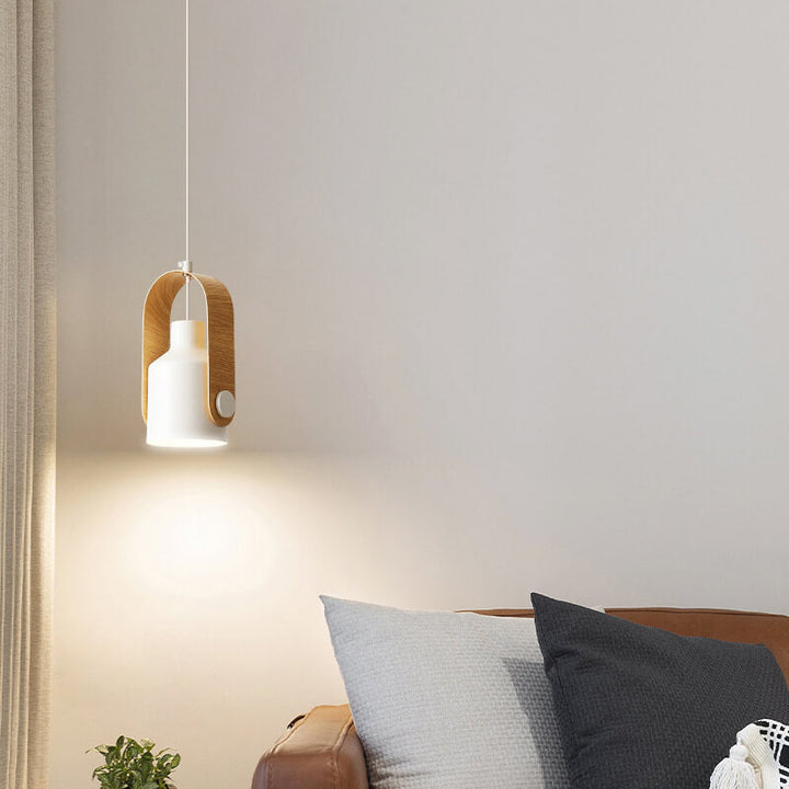 Zeitgenössische skandinavische zylindrische Holz-Eisen 1-Licht Pendelleuchte für Schlafzimmer 