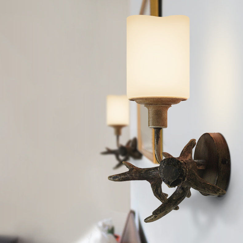 Contemporary Industrial Antler Resin Glass Cylinder 1-Light Wall Sconce Lamp For Living Room &amp; Bedroom