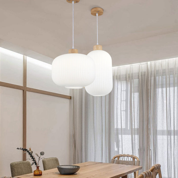 Suspension Luminaire à 1 Lumière en Verre Ovale Rayé Minimaliste Japonais avec Bois Massif 
