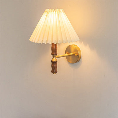 Japanese Vintage Walnut Pleated Umbrella 1-Light Wall Sconce Lamp