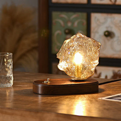 Japanese Vintage Walnut Irregularly Glass Lampshade 1-Light Table Lamp