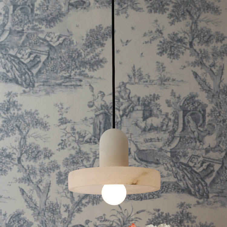Lámpara colgante de 1 luz de latón con pantalla redonda de mármol chino tradicional para sala de estar 