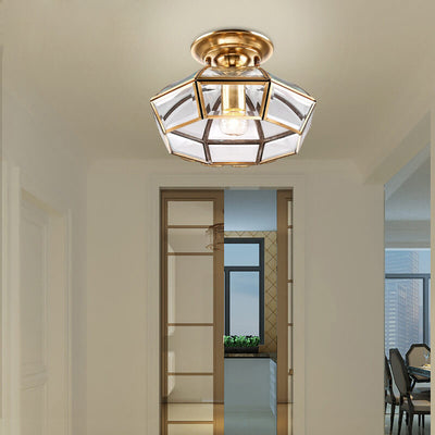 Modern Luxury Octagonal Brass Crystal Glass 1-Light Semi-Flush Mount Ceiling Light
