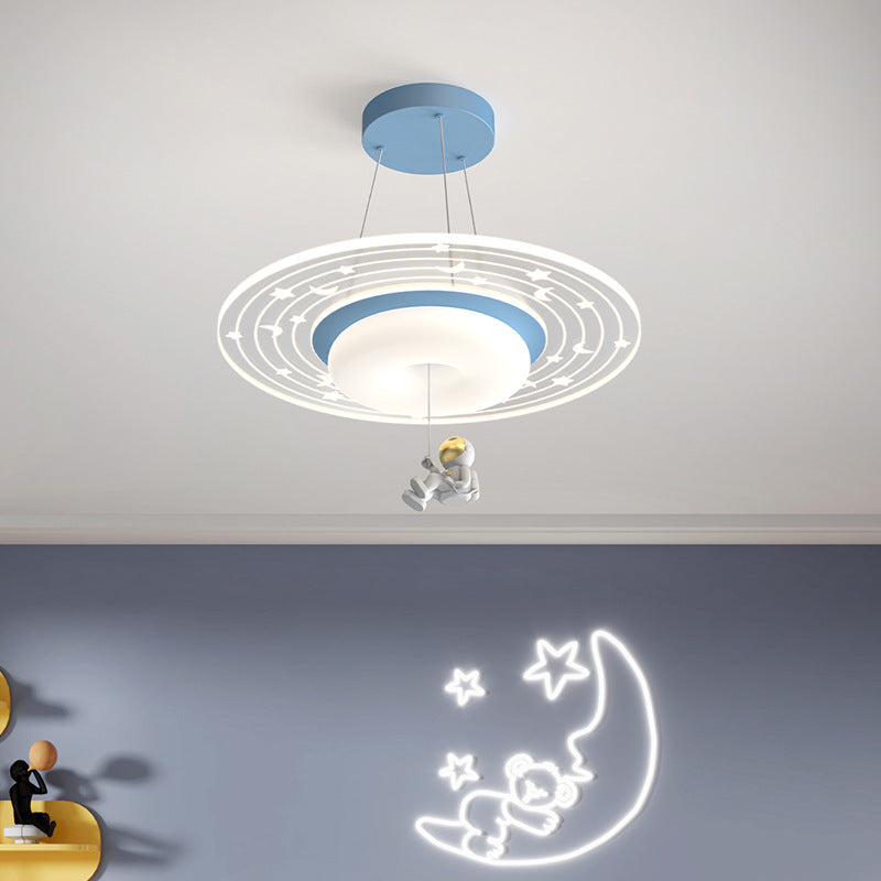 Contemporary Nordic Round Planet Shade Cartoon Resin Astronaut LED Kids Flush Mount Ceiling Light For Bedroom