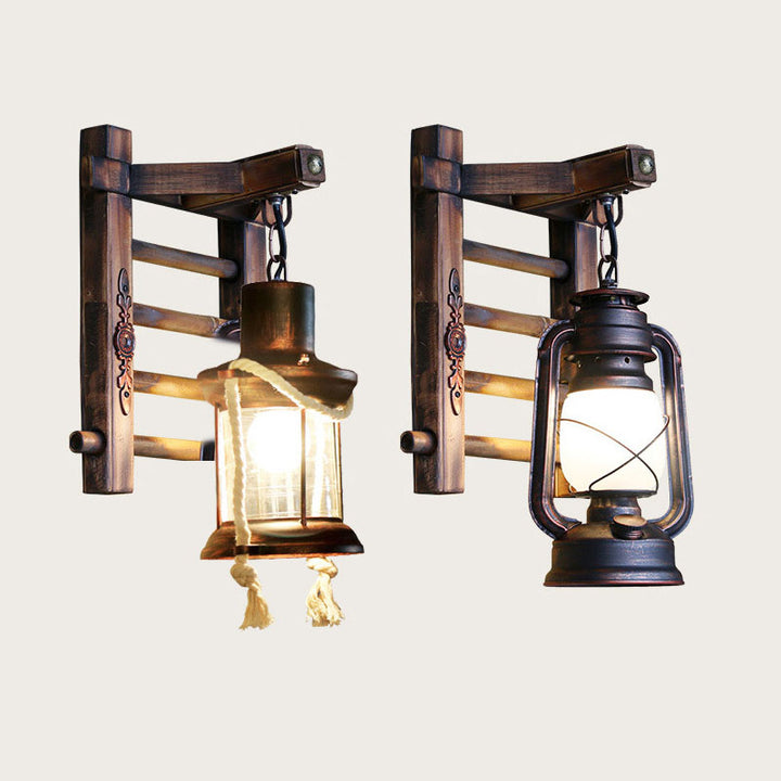 Aplique de pared de 1 luz estilo industrial contemporáneo con lámpara de queroseno, cuerda de cáñamo, base de bambú y cordel de hierro 