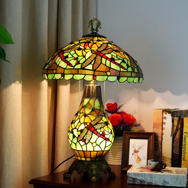 European Tiffany Green Dragonfly Oval Base 3-Light Table Lamp