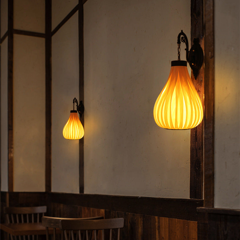 Vintage Southeast Asian Wood Veneer Oval Jar 1-Light Wall Sconce Lamp