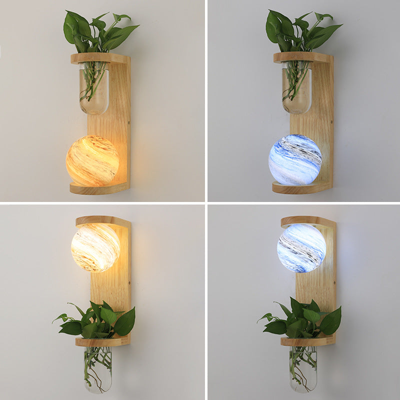 Nordic Glass Planet Log Base Plant 1-Light Wall Sconce Lamp