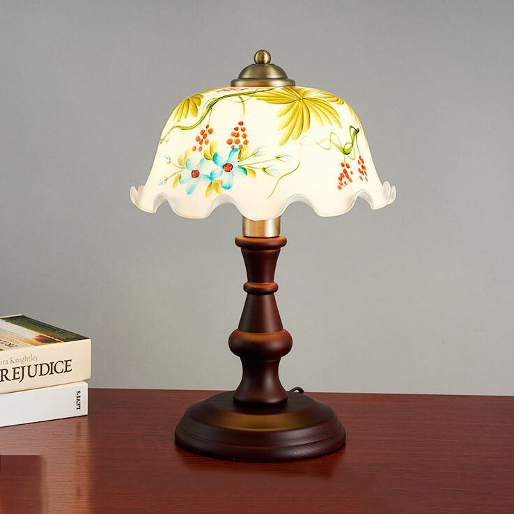 Vintage Chinese Elements Hand-depicted Floral Glass Lampshade 1-Light Table Lamp