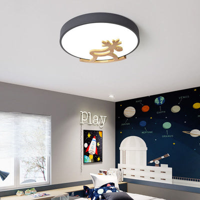 Lampe de plafond LED ronde pour enfants en forme de cheval en bois créatif Macaron 