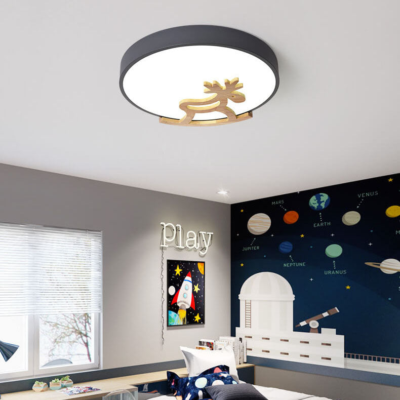 Macaron Creative Wooden Horse Shape Round LED Kids Flush Mount Ceiling Light