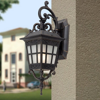 European Outdoor Square Lantern Carved 1-Light Waterproof Wall Sconce Lamp