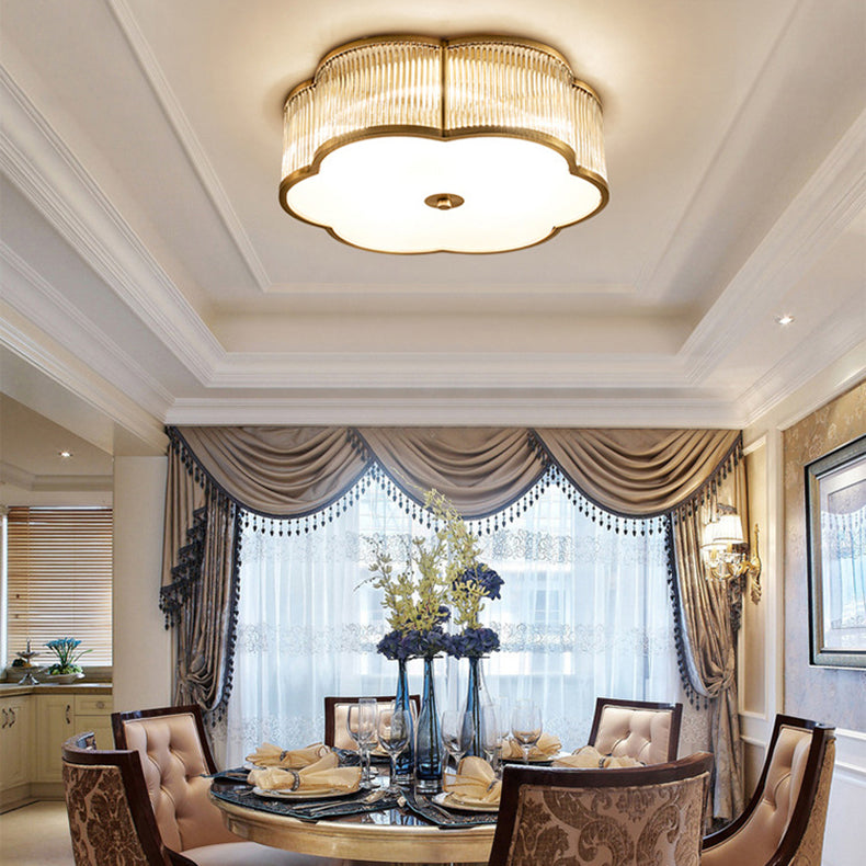Moderne Luxus gerippten Glas Schatten Messing Rand 4-Licht Unterputz Deckenleuchte für Wohnzimmer 