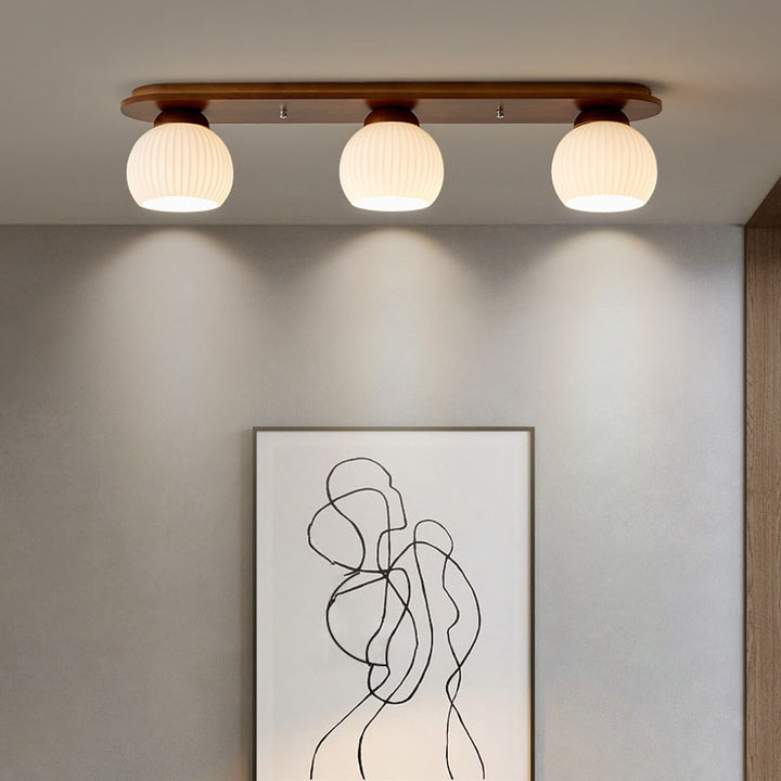 Traditional Japanese Striped Glass Wood Long Plate 2/3 Light Flush Mount Ceiling Light