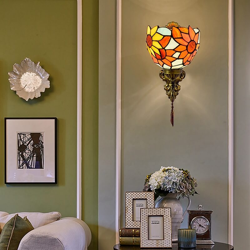 Vintage Tiffany Sunflower Stained Glass 1-Light Wall Sconce Lamp