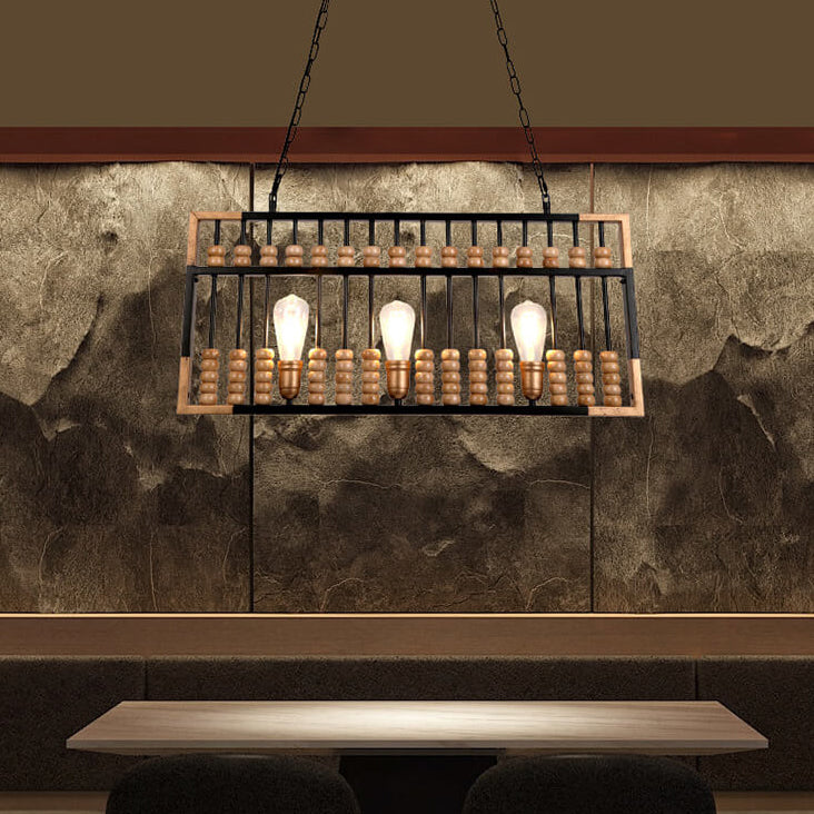 Chandelier industriel vintage en bois et fer avec 3 lumières 