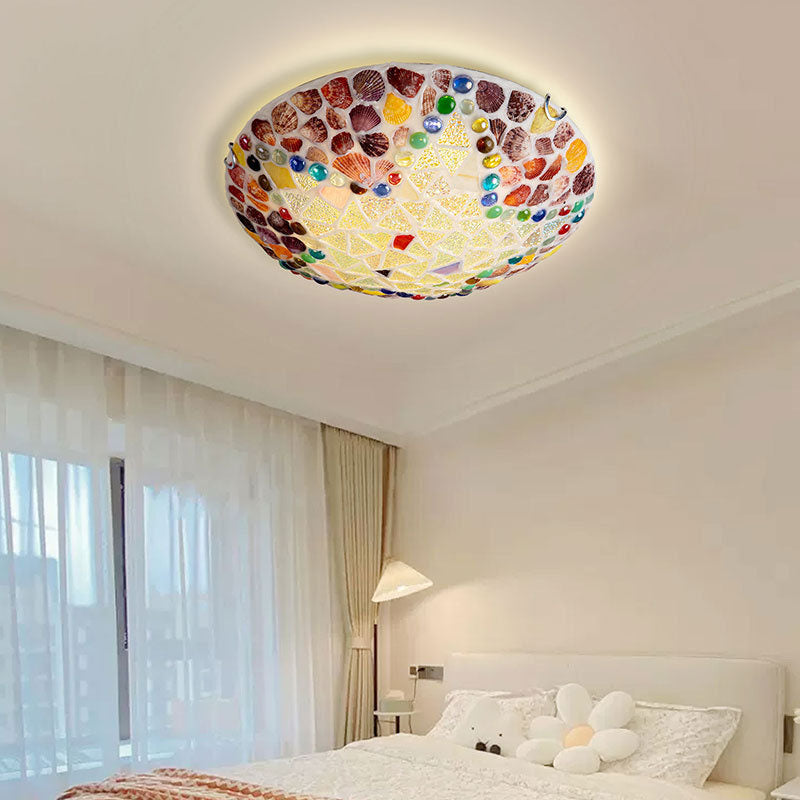 European Rustic Tiffany Hardware Glass Shell 1-Light Flush Mount Lighting