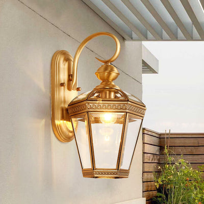 European Modern Hexagonal Lantern Copper Glass Waterproof 1-Light Outdoor Wall Sconce Lamp