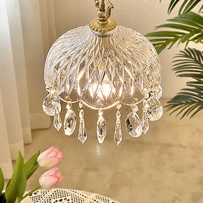 Modern Art Deco Brass Checkered Glass Shade Crystal Beads 1-Light Pendant Light For Living Room