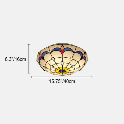 Tiffany Vintage Round Gemstone Stained Glass 3/4 Light Flush Mount Ceiling Light