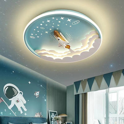 Contemporary Creative Cartoon Rocket Unicorn Acrylic Round Shade LED Kids Flush Mount Ceiling Light For Bedroom