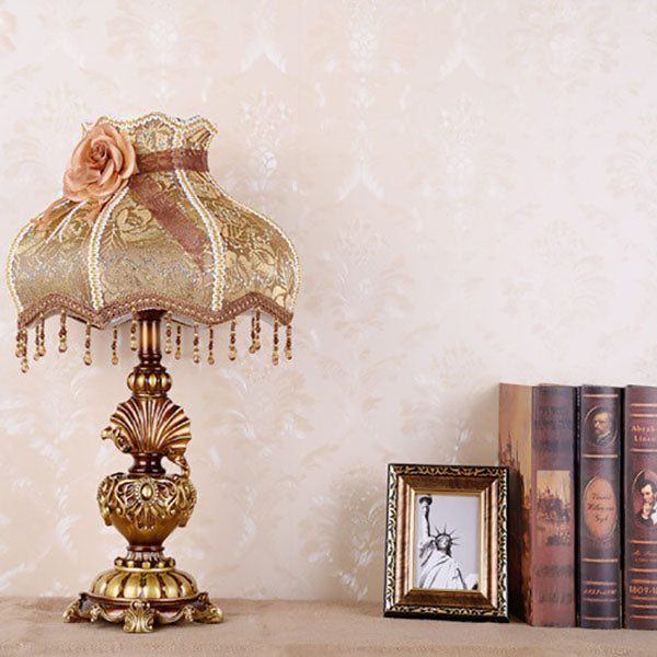 European Vintage Fabric Tassel Resin Court 1-Light Table Lamp