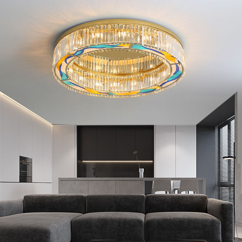 Modern Luxury Enameled Crystal Round 5-Light Flush Mount Ceiling Light