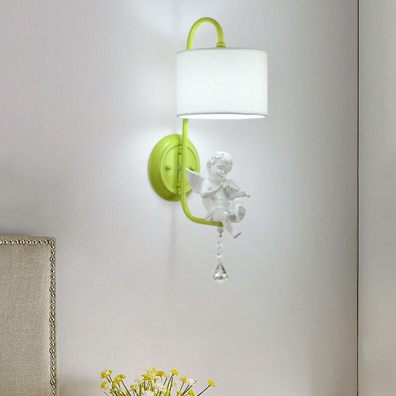 Modern Minimalist Angel Resin Round Fabric 1-Light Wall Sconce Lamp for Living Room