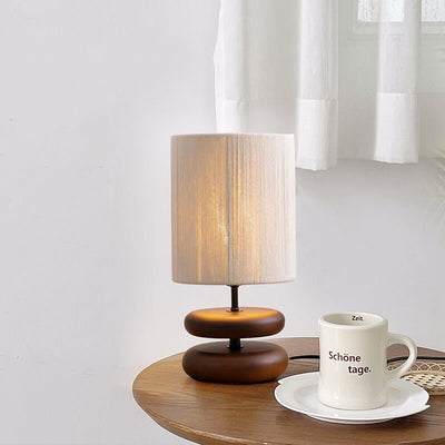 Japanese Minimalist Walnut Fabric Lampshade Cylinder 1-Light Table Lamp