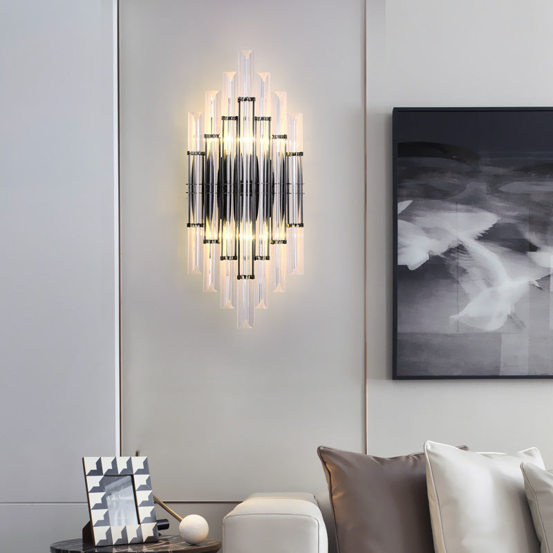 Modern Luxury Crystal Hardware Geometric Column Rechargeable 2-Light Wall Sconce Lamp For Living Room &amp; Bedroom
