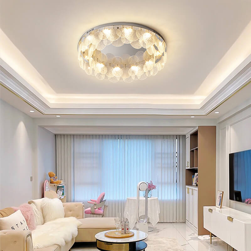 Contemporary Luxury Stainless Steel Frame Water Grain Glass Round Sheet 8-Light Flush Mount Ceiling Light For Living Room