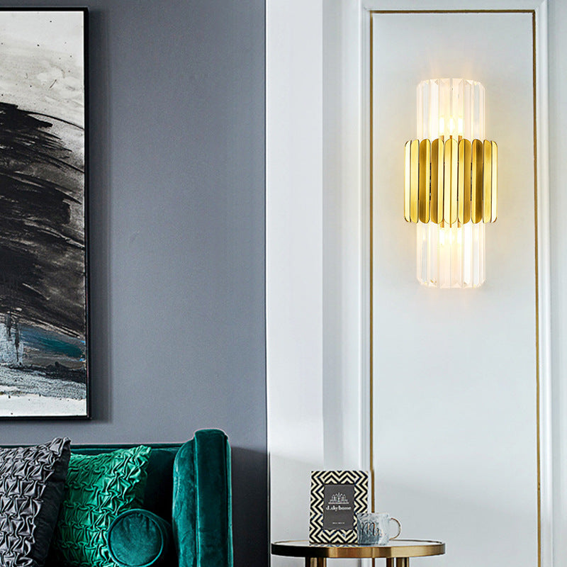 Modern Light Luxury Golden Crystal Column Stainless Steel 2-Light Wall Sconce Lamp