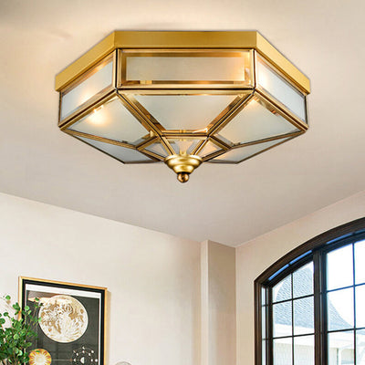 Traditional European Polygonal All Copper Glass 3/4 Light Flush Mount Ceiling Light For Living Room