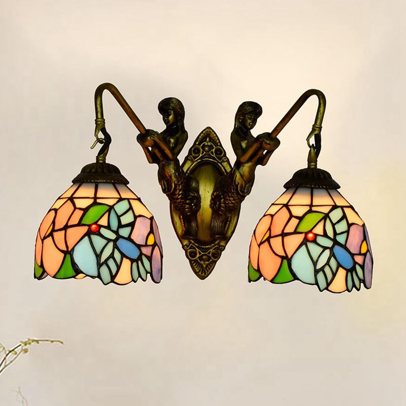 European Tiffany Mermaid Stained Glass 2-Light Wall Sconce Lamp
