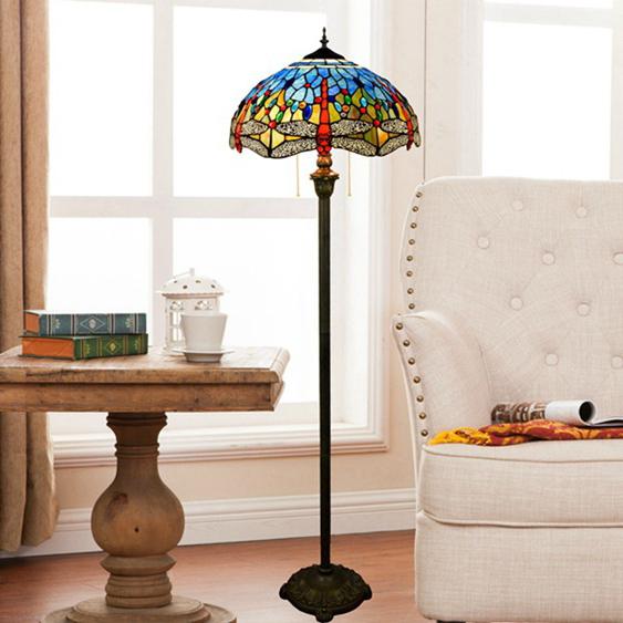Lámpara de pie de 2 luces con vitral Tiffany vintage y libélula azul 