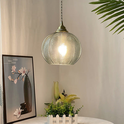 Contemporary Creative Round All Brass Striped Glass 1-Light Pendant Light For Living Room