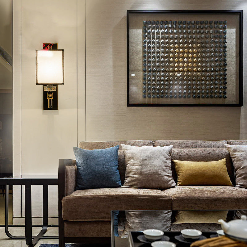 Aplique de pared cuadrado de 1 luz de hierro, cobre y tela de estilo chino tradicional para salón y dormitorio 